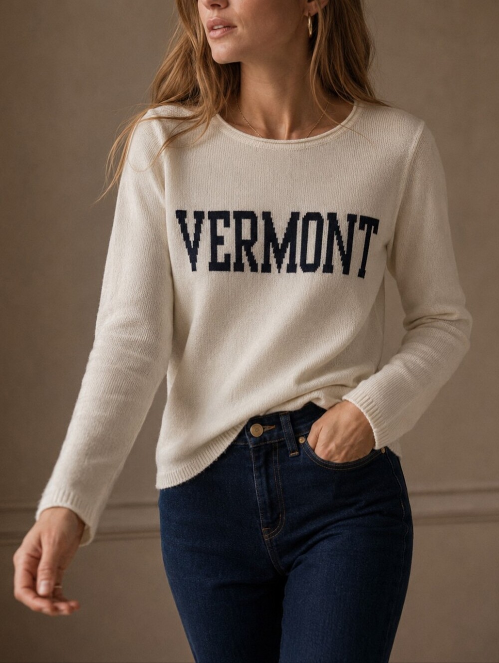 Valani Vermont Ivory Navy Graphic Cotton Sweater Womens Size Small